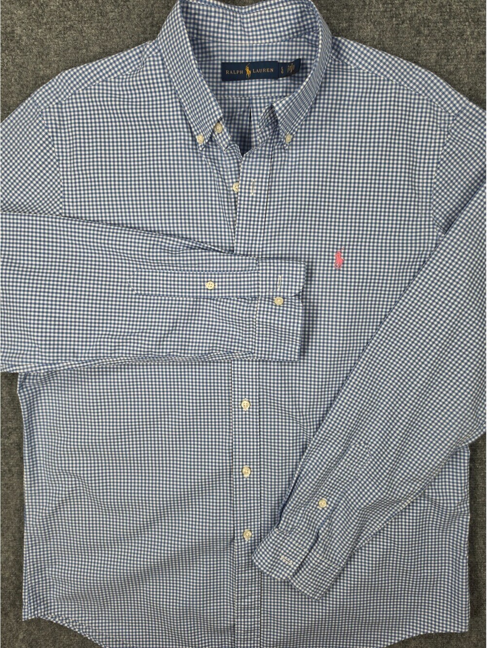 Polo Ralph Lauren Shirt Mens Large Blue White Gingham Check Button Down Cotton
